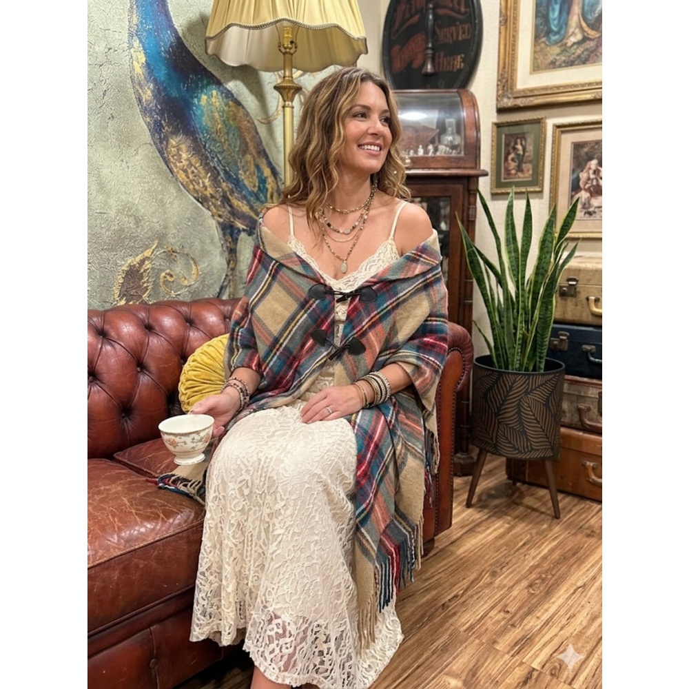 Cato Boho Plaid Poncho Cape One Size - Picture 3 of 10